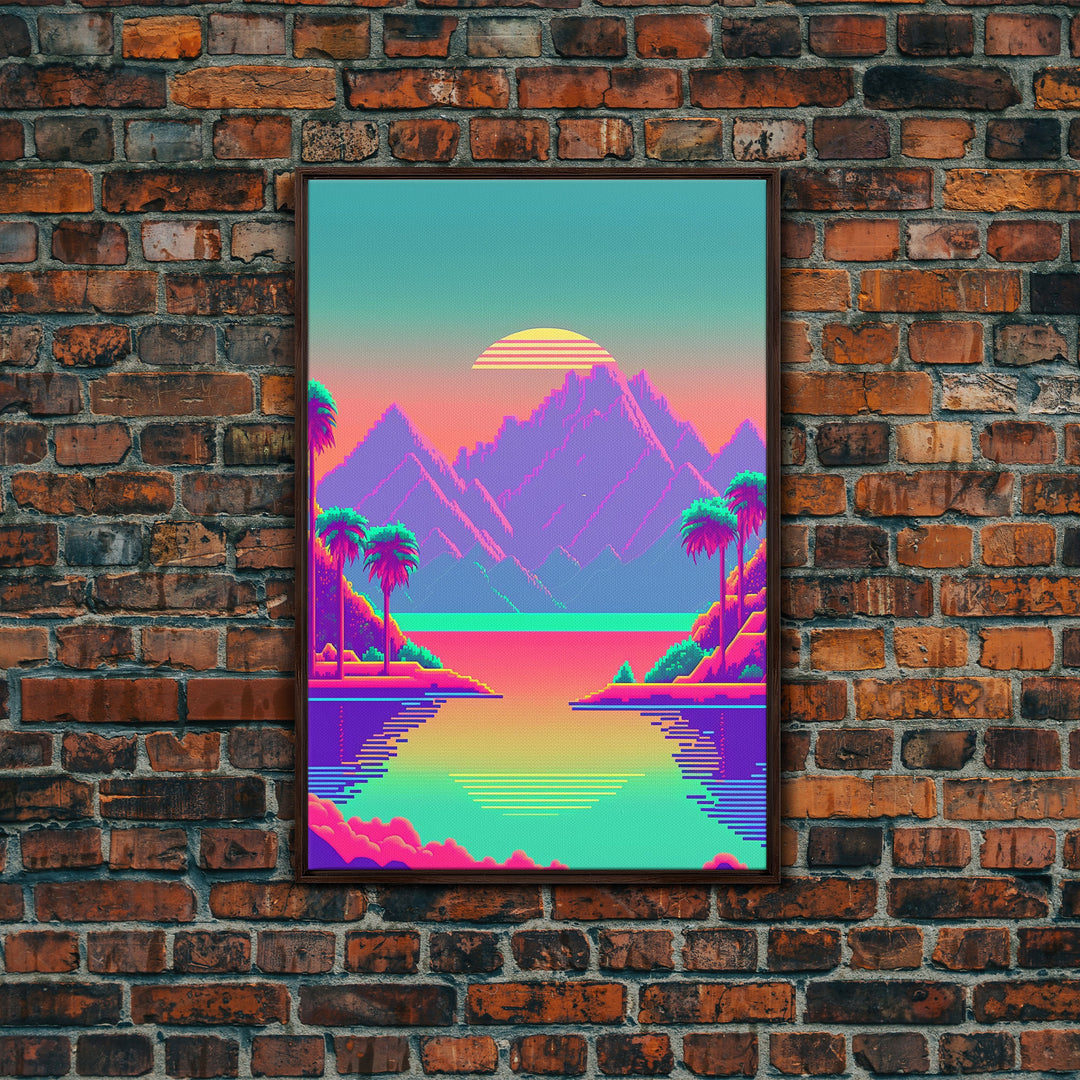 Retro Vaporwave Aesthetic Pixel Art Sunset, Turquoise and Pink Fantasy Landscape Art, Gamer Decor, Game Room Art