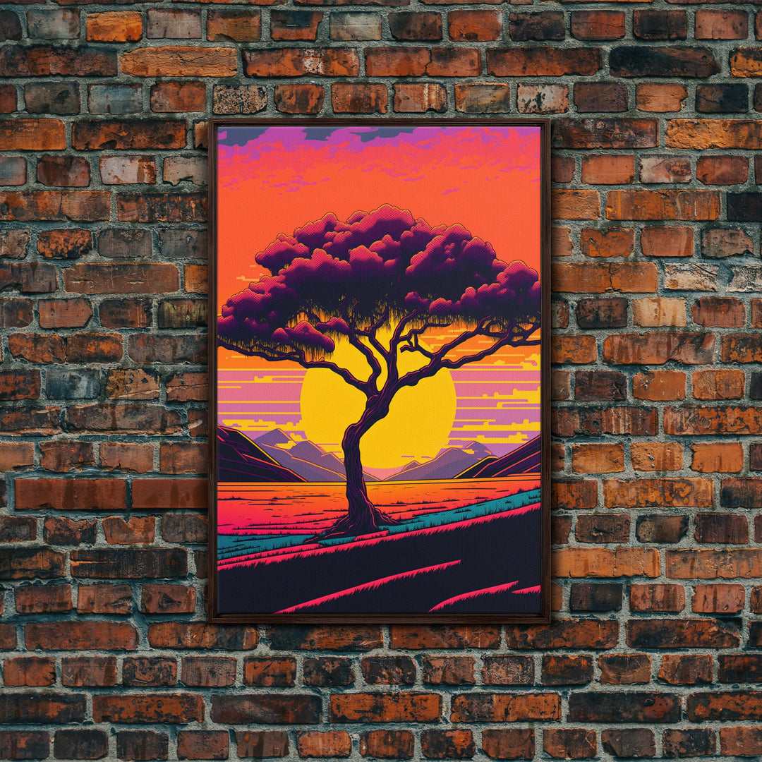 Weeping Willow At Sunset, Retro Style MCM Art, Framed Canvas Print, Trendy Wall Prints, Landscape and Sunset Outrun Art