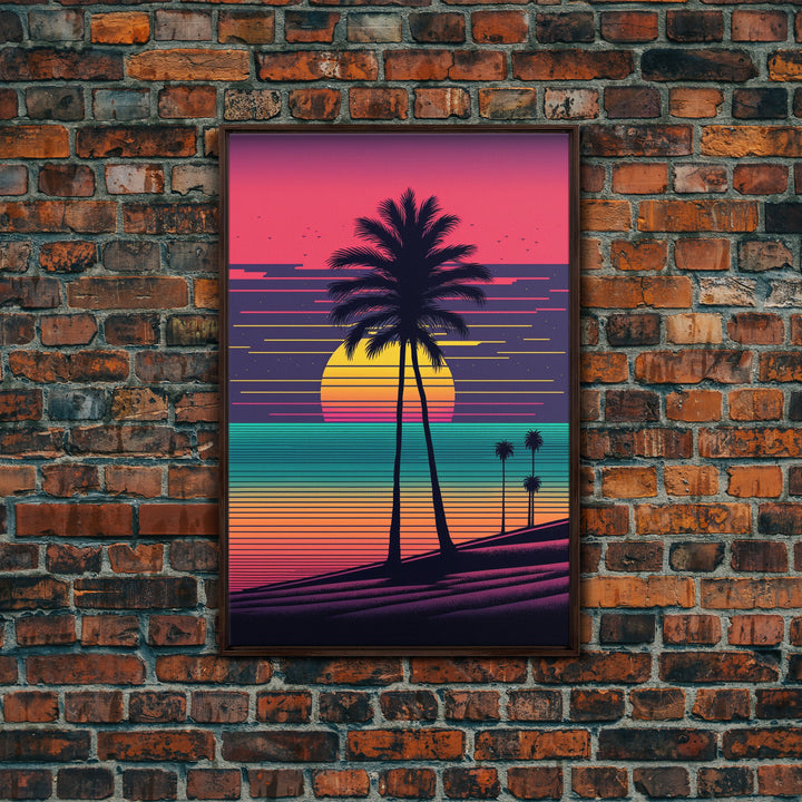 Framed Canvas Print | Synthwave Sunset with Palm Trees | Home Decor | Ready to Hang | Retro Style Decor