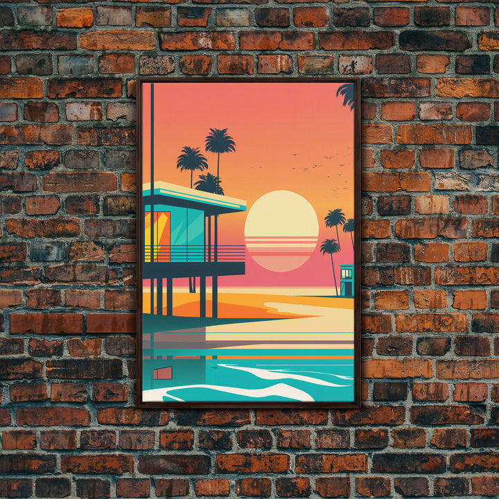 Art Deco Sunset Beach Canvas Print, Minimalist Retro Palmtree Vibe, Vaporwave Art, 80s Retro Vibes, Miami Inspired Art