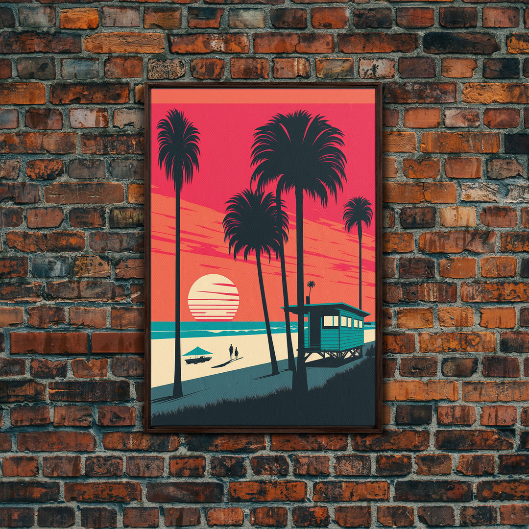 Retro Synthwave Art Deco Sunset Framed Canvas Print, Beaches, Palmtrees, Minimalist Style, Framed Art, Miami Art, California Decor