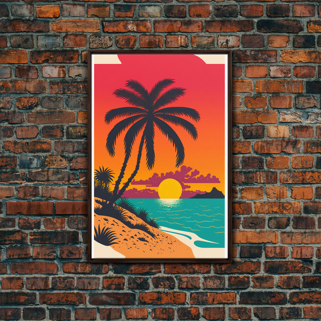 Framed Canvas Print - Art Deco Sunset, Beaches, Minimalist Palm trees - Island Vibes - Retro Tropical Art - Pop Art Beach Decor