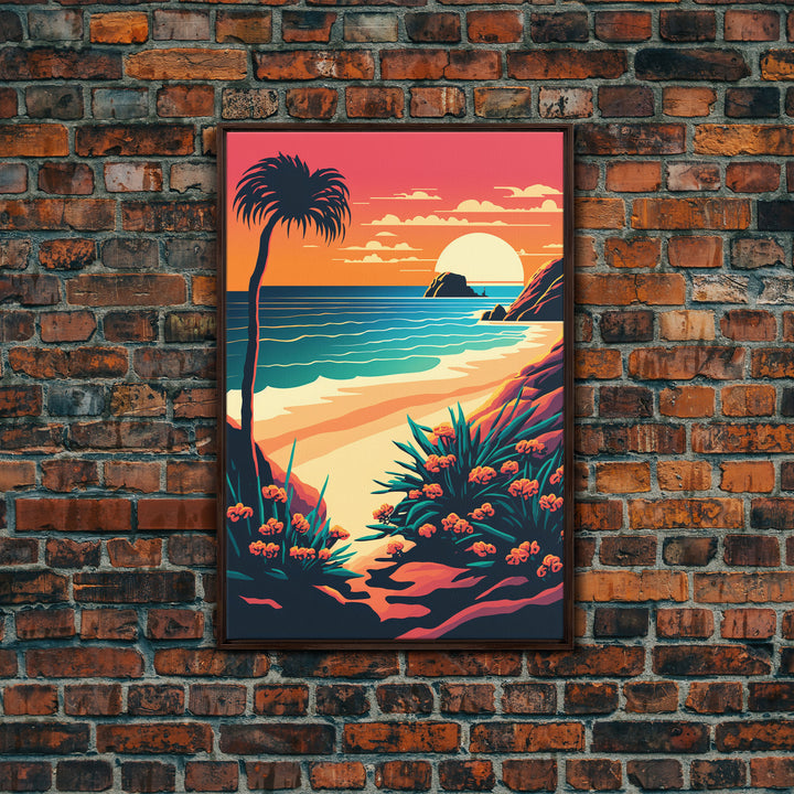 Framed Canvas Print | Art Deco Sunset, Beach, Palm Trees, Retro Style, Synthwave, Vaporwave, Island Vibes, Minimalist Beach Art