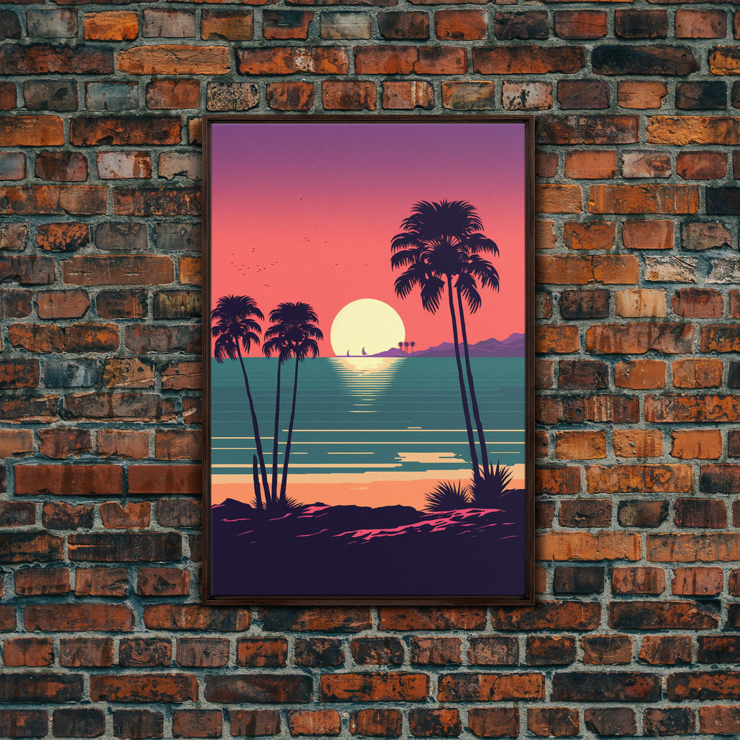 Framed Canvas Print - Art Deco Sunset, Palm Trees, Synthwave Vibes, Beach Decor, Vaporwave Pink Art, Miami Vibes