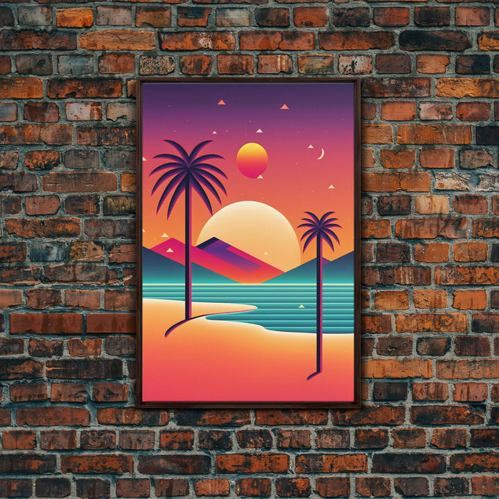 Framed Canvas Print | Art Deco Sunset | Retro Style | Palm Trees | Island Vibes | Desert Pyramids and Palm Trees | Desert Art