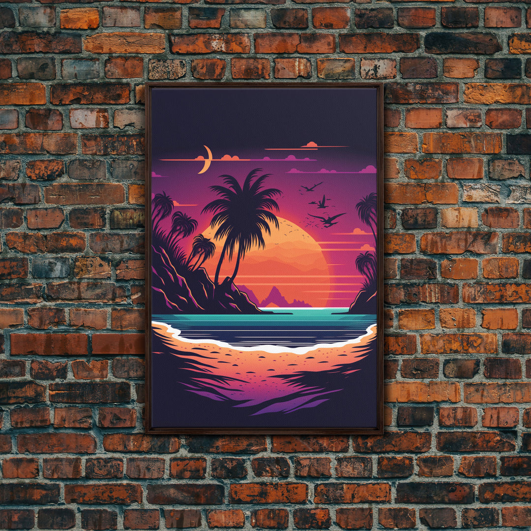 Framed Canvas Print - Pop Art Style Beach at Sunset with Palm Trees - Retro Style - Living Room / Office / Bedroom Wall Art