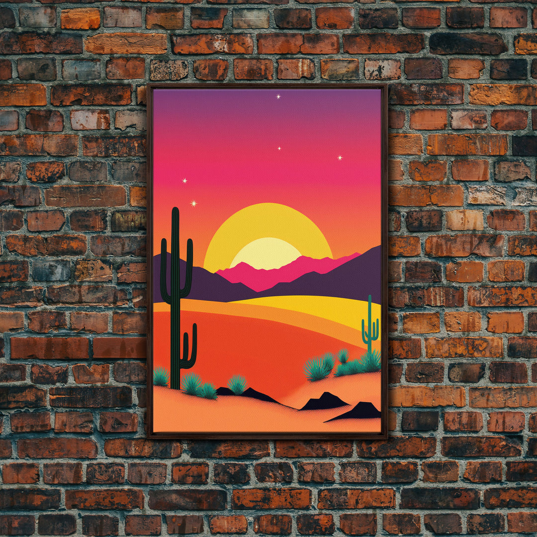 Framed Canvas Art | Sunset Desert Landscape | Pop Art Style | UV-Resistant Coating | Hand-Stretched | 1.5" Thick Wooden Frame