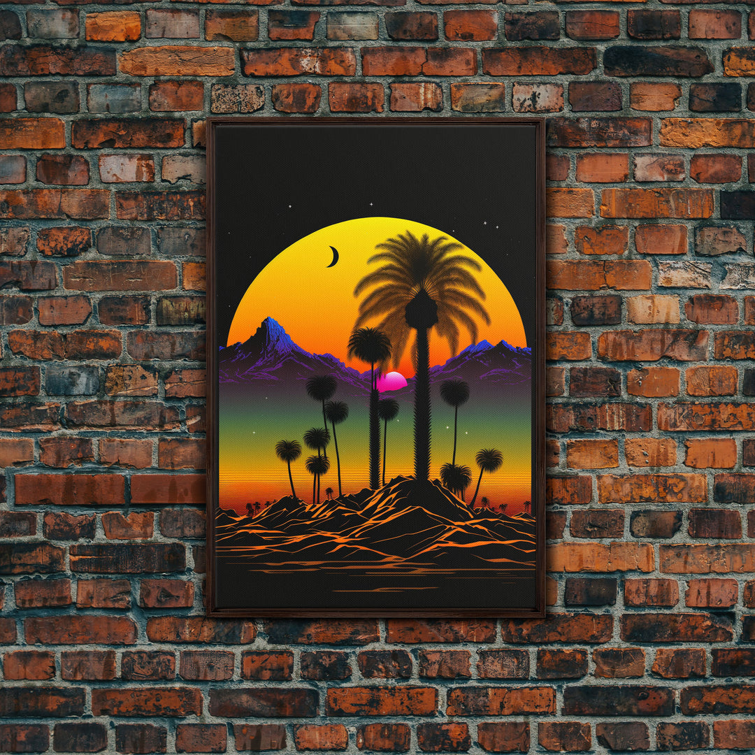 Pop Art Framed Canvas Print of Desert Landscape at Sunset, Outrun Style Sunset Full Moon Art, Unique 80s Vibe Retro Art