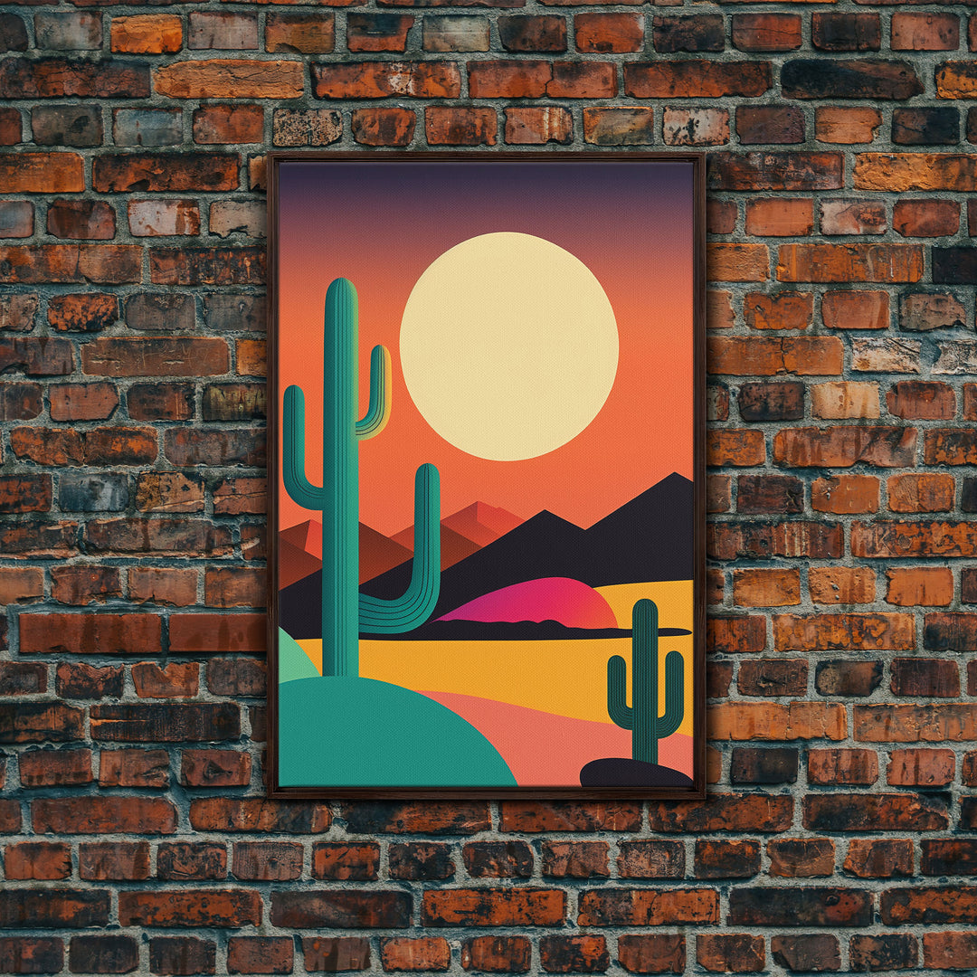 Pop Art Framed Canvas Print of Desert Landscape at Sunset, Outrun Style Sunset Full Moon Art, Unique 80s Vibe Retro Art, Art Deco