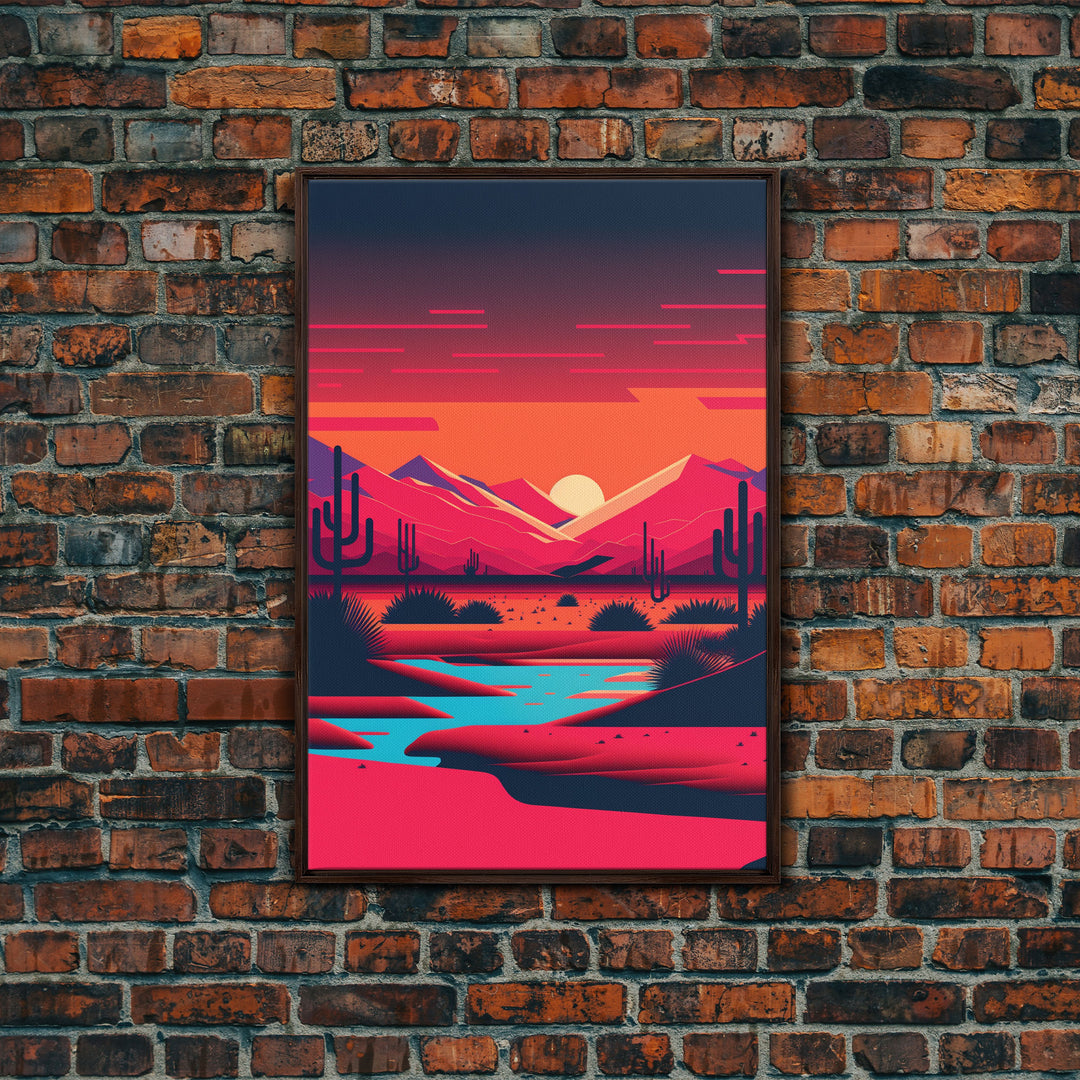 Retro Synthwave Desert Landscape Art, Framed Canvas Print, Unique Sunset Art, Living Room Wall Decor, Framed Art