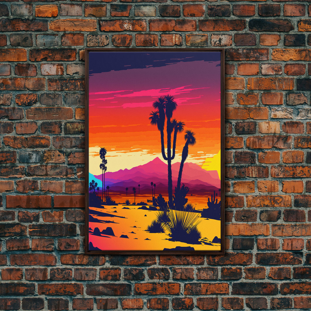 Retro Desert Art, Pop Art Style, Framed Canvas Print, Retrowave, Western Decor, Wild West Art, Cactus Prints