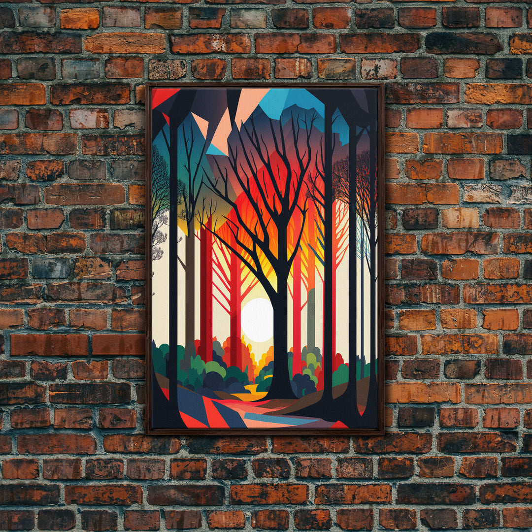 Silhouette Forest Landscape, Framed Canvas Print, Pop Art Minimalist Landscape Art