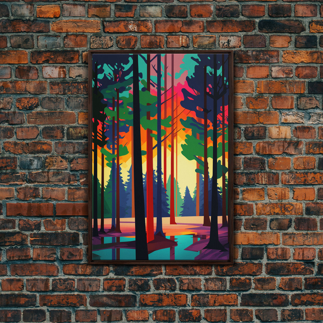 Silhouette Forest Landscape, Framed Canvas Print, Pop Art Minimalist Landscape Art