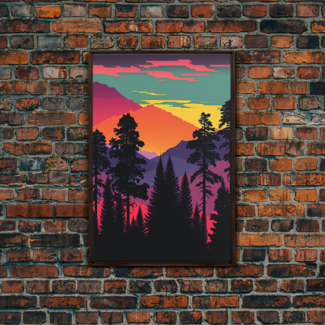 Pacific Northwest Pop Art, Framed Canvas Prints, Washington State, Pine Tree Forest and Mountain Landscape at Sunset, Vibrant Art