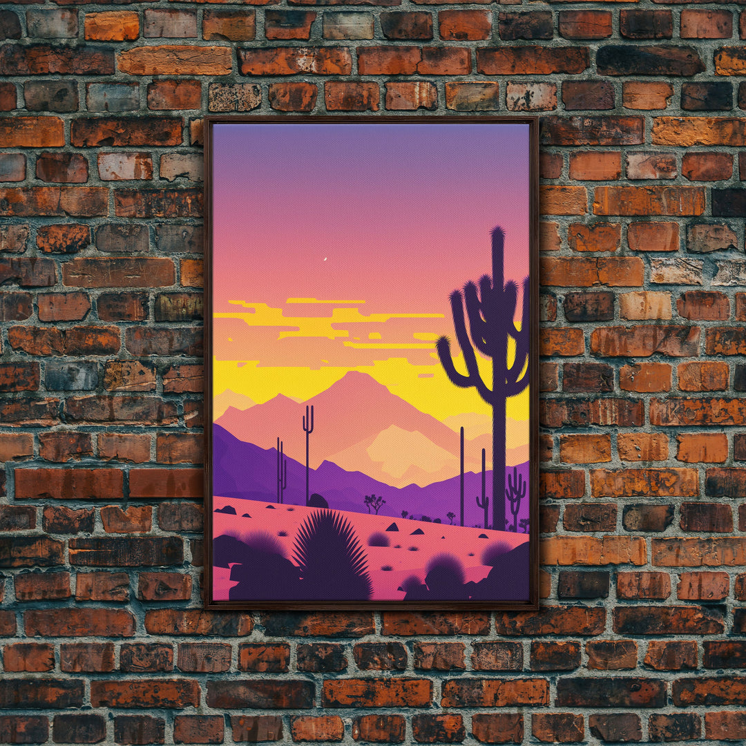 Synthwave Art Deco Style Minimalist Desert Landscape Print, Framed Canvas Art, Synthwave Style, Southwestern Decor, Western Art, Living Room