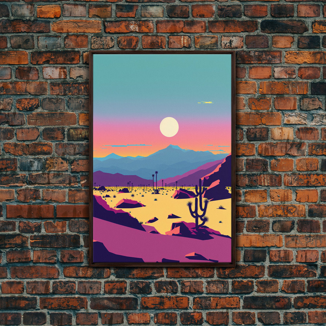 Synthwave Desert Landscape, Subdued Pastel Nature Art, Southwestern Decor, Framed Canvas Print, Pink and Turquoise Skies