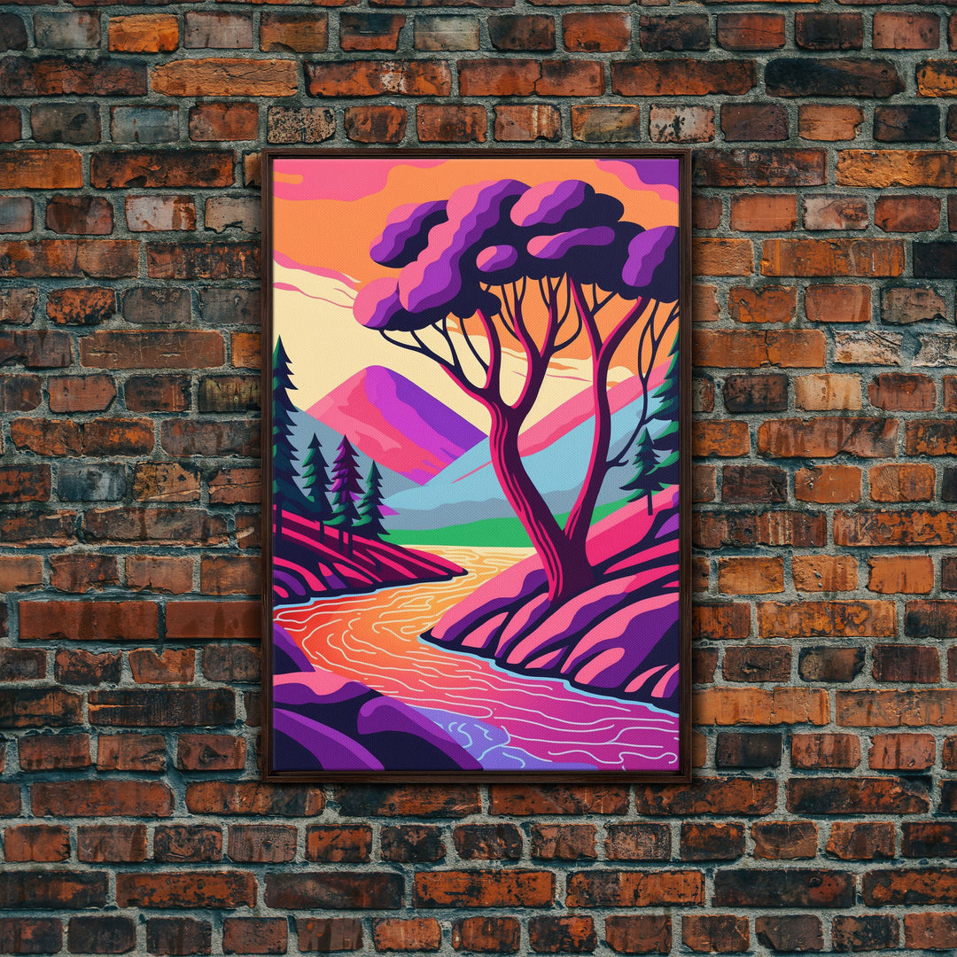 Surrealist Pop Art, Pink Fantasy Landscape Art, Framed Canvas Print