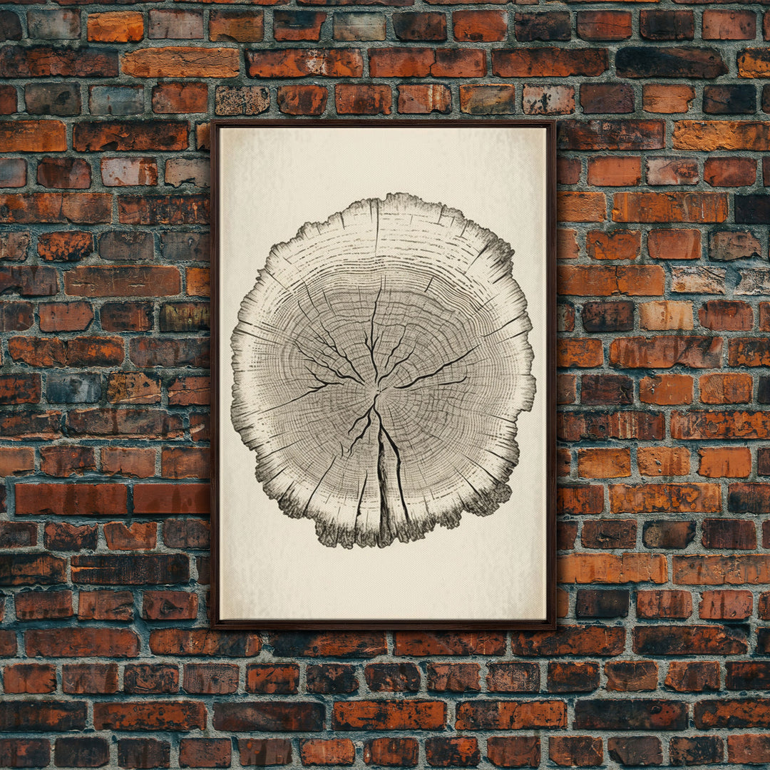 Framed Wall Art Canvas Print, Tree Cross Section, Tree Rings, Rustic Art, Farmhouse Decor, Oak Wood Tree Rings, Illustration, Gift For Him