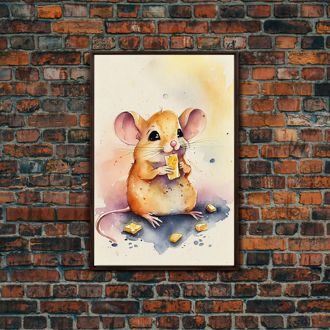 Mouse monchin' some cheese Watercolor Print, Mouse Art Painting, Framed Canvas Print, Cute mouse cartoon