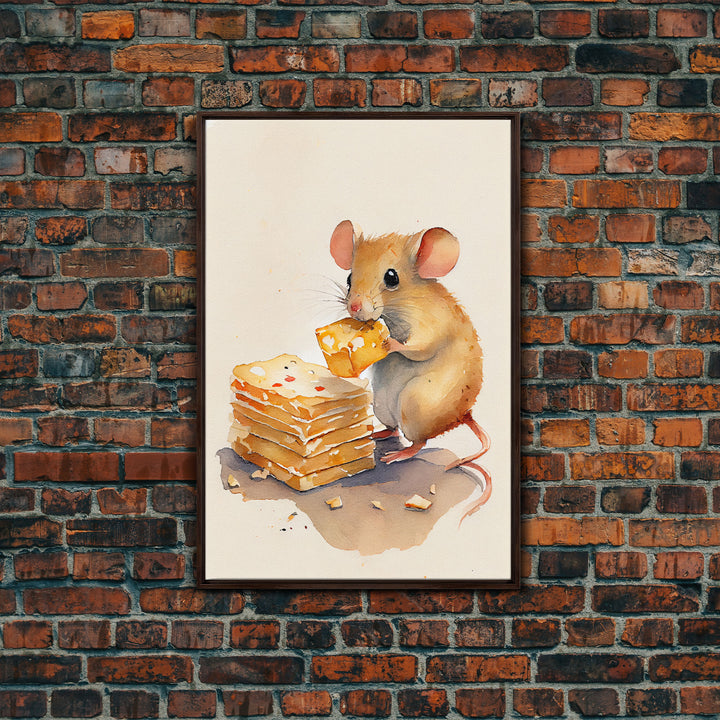 Mouse eatin' some cheese Watercolor Print, Mouse Art Painting, Framed Canvas Print, Cute mouse cartoon