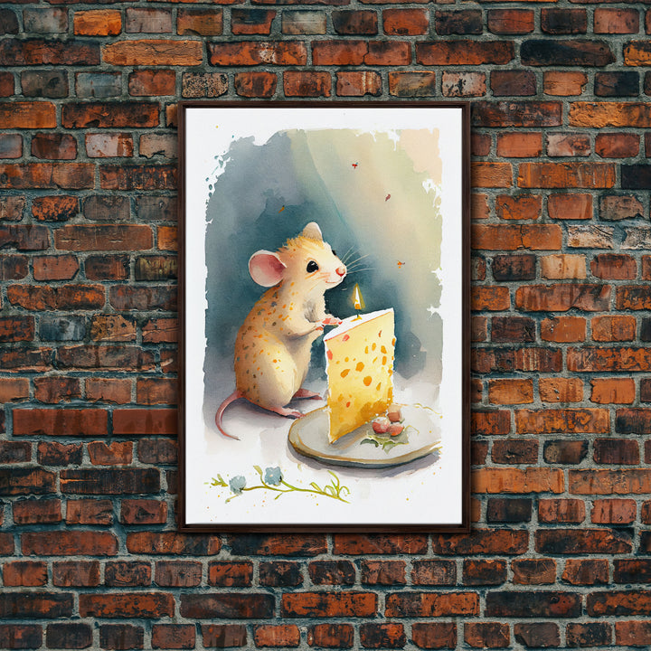 Cute mouse birthday party Watercolor Print, Mouse Art Painting, Framed Canvas Print, Cute mouse cartoon