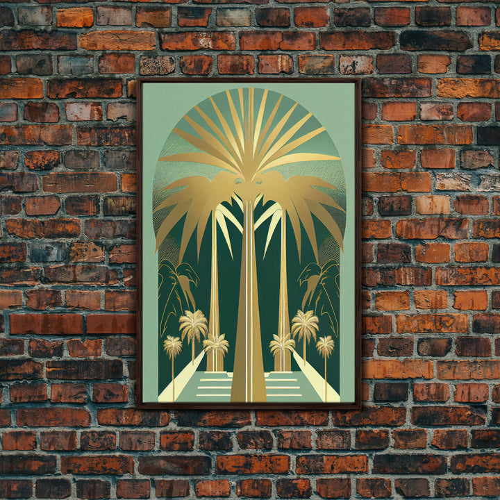 Boho Modern Frank Lloyd Wright-inspired Art Deco Canvas Print, Emerald Green and Gold Palm Tree, wall decor, wall art original, MCM Art