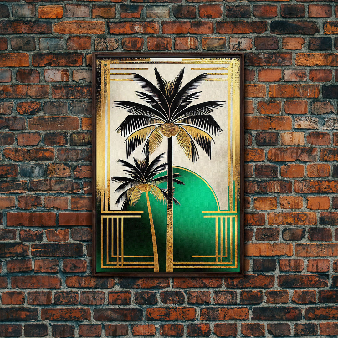 Boho Modern Frank Lloyd Wright-inspired Art Deco Canvas Print, Emerald Green and Gold Palm Tree, wall decor, wall art original, MCM Art