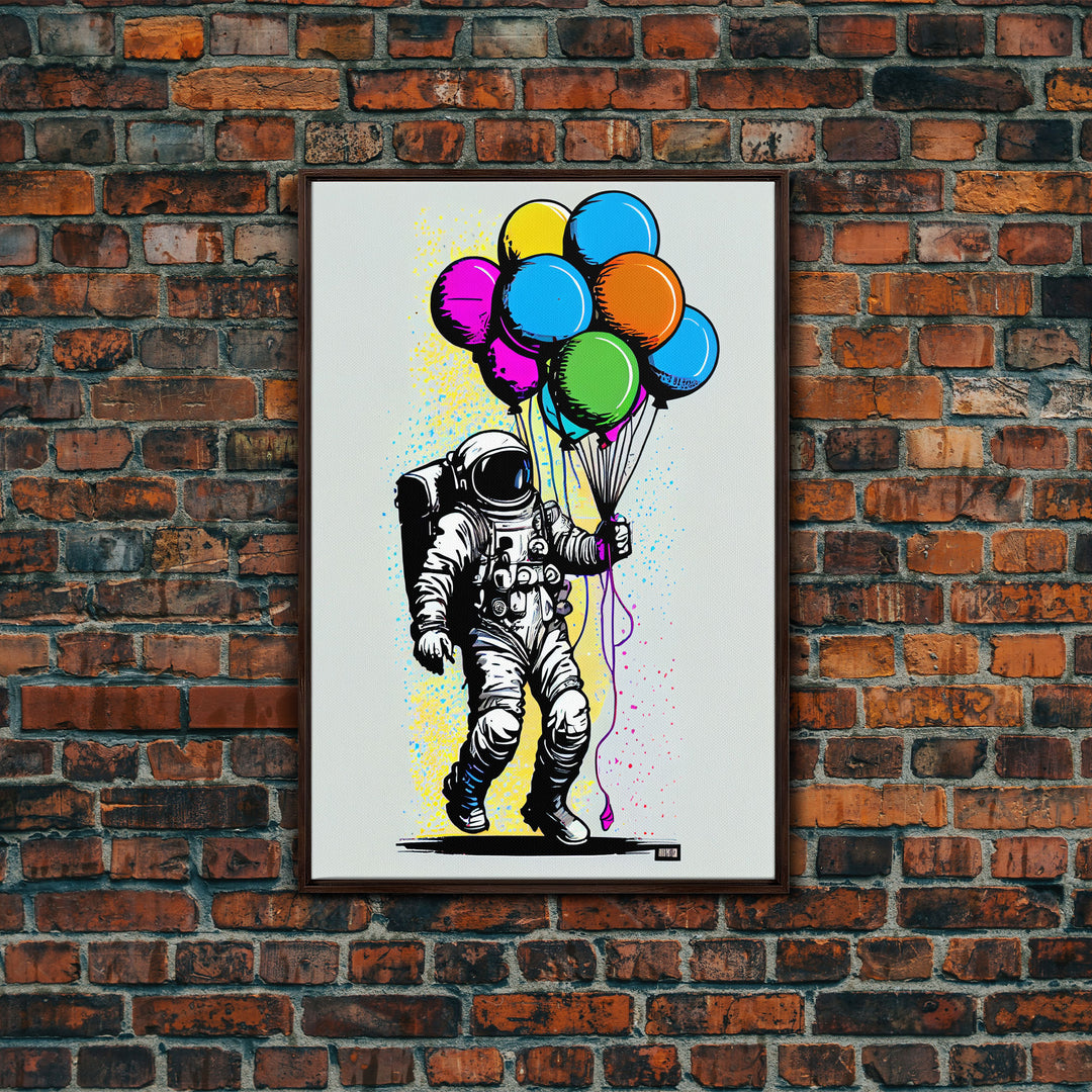 Urban Wall Art, Banksy Inspired, Astronaut Holding Colorful Balloons, Framed Canvas Print, Graffiti Art