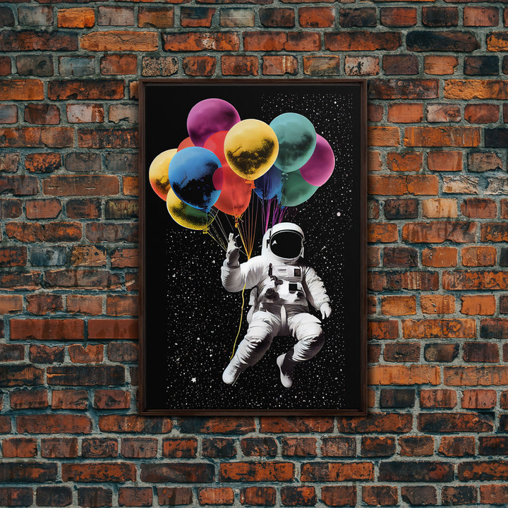 Urban Wall Art, Banksy Inspired, Astronaut Holding Colorful Balloons, Framed Canvas Print, Graffiti Art, Space Art