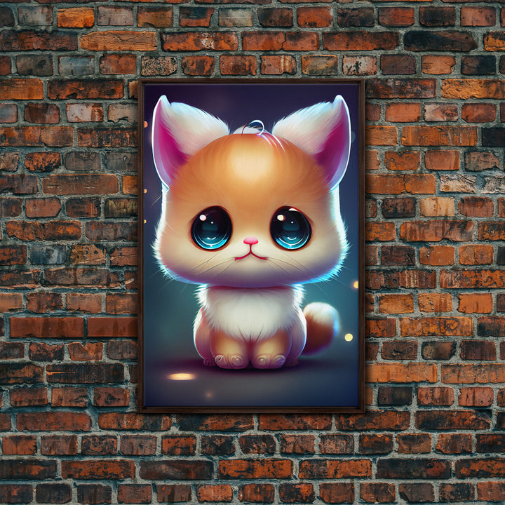 Cute Kawaii Kitten, Anime Style Art, Framed Canvas Print, Framed Art, Cat Portrait, Cartoon Cat, Kawaii Artwork