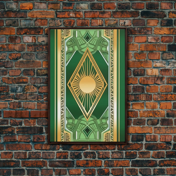 Midcentury Modern Wall art, Framed Canvas Print, Art Deco, Gold & green art, Framed painting, Original painting, Office decor, Geometric art