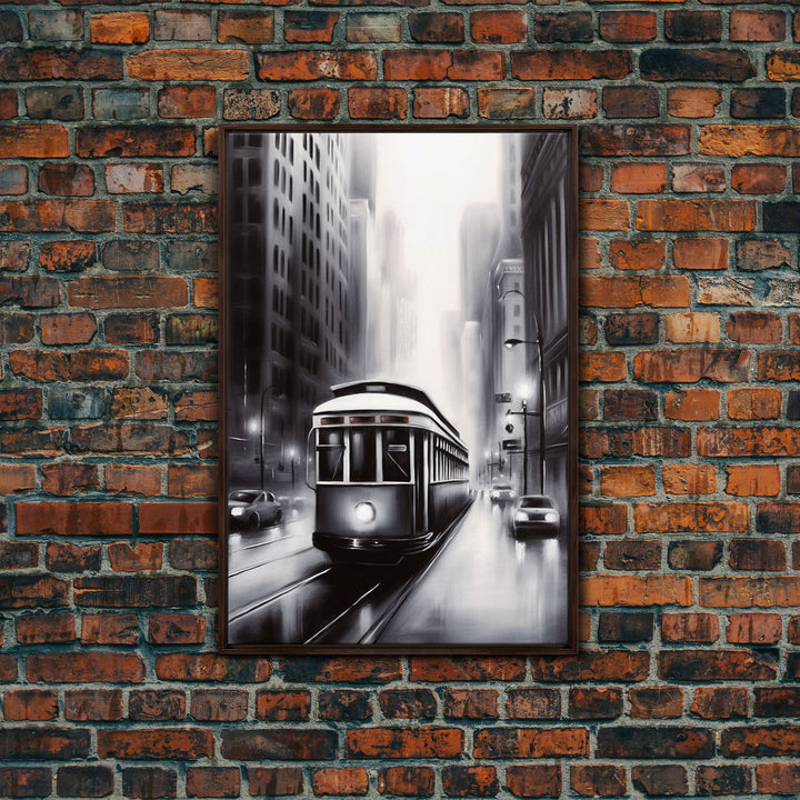 Brooklyn Street Car Trolley, Framed Canvas Print, Retro Charcoal Drawing of NYC in The Rain