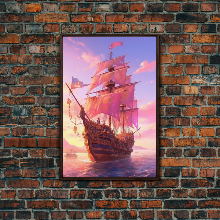 Gothic Pirate Ship at Sunset, Framed Canvas Print, Fantasy Wall Art, Wall Decor, Pirate Wal Art, Gift For Him, Kid's Room Art