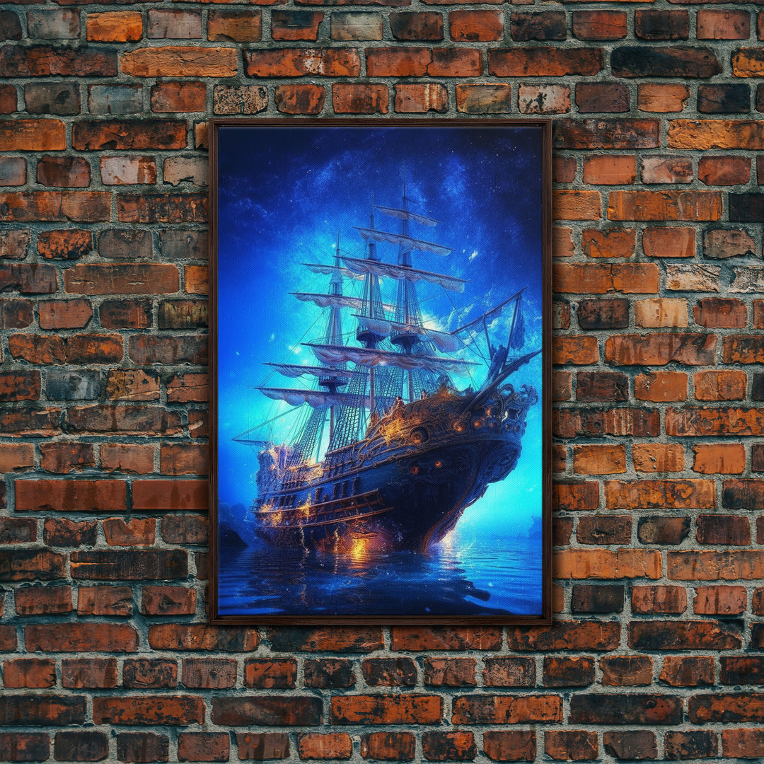 Haunted Pirate Ghost Ship Under The Night Sky, Framed Canvas Print, Fantasy Wall Art, Wall Decor, Pirate Wal Art, Gift For Him, Kid's Room