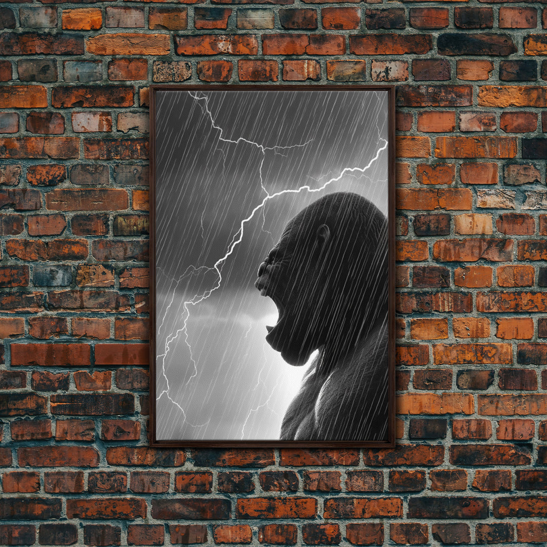 Gorilla Roaring In A Thunder Storm, Framed Canvas Print, Cool Wall Art, Ape Art