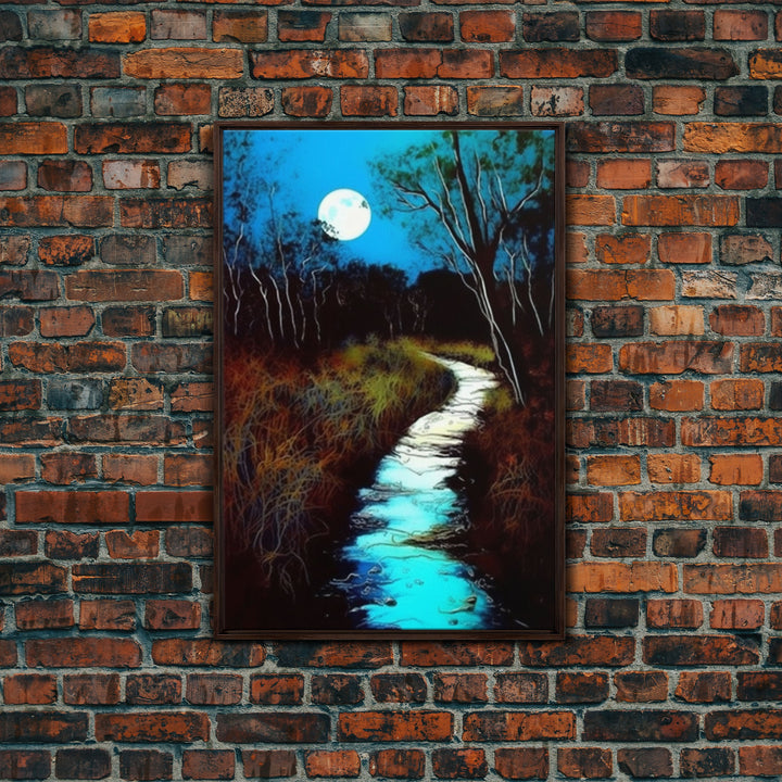 Spooky Art, Full Moon Over a Calm Stream At Night, Framed Canvas Print, Nature / Landscape Painting