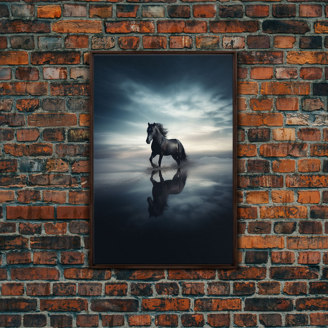 Majestic Black Stallion Galloping In The Clouds - Black Horse On Salt Flats - Framed Canvas Print - Nature Photography Art