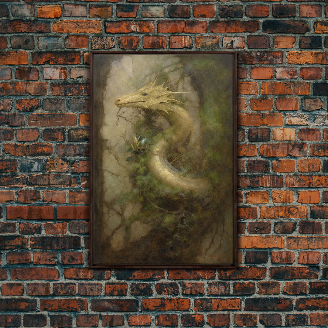 Majestic Green Dragon Wall Art, Framed Canvas Print, Dragon Fantasy Painting, Garden Dragon Abstract Fantasy Art