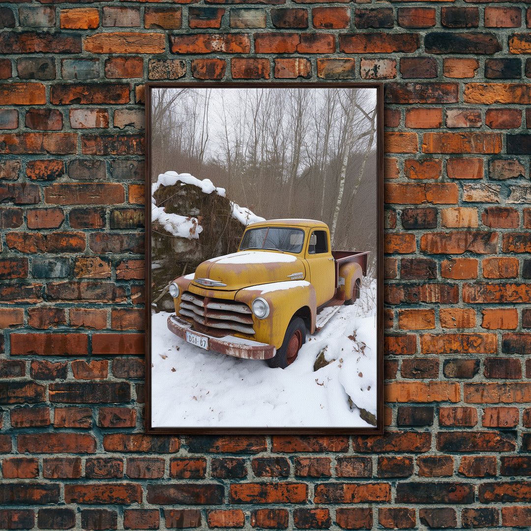 Vintage Snow Covered Chevy Truck, 1950s Truck, Framed Canvas Print, Rusty Truck Photography