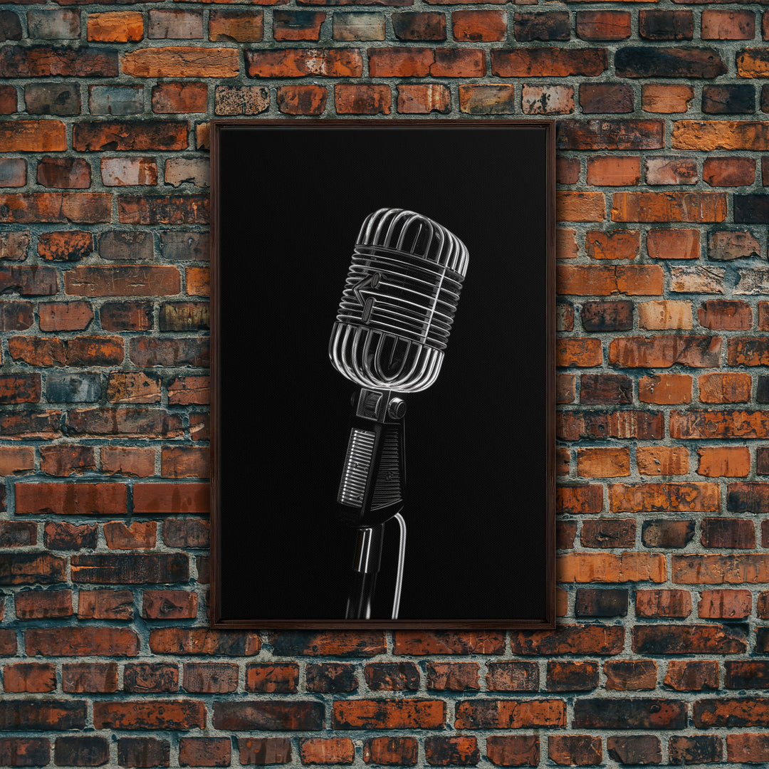 Silver Retro Microphone Wall Art, Mic Wall Art, Music Room Wall Art, Minimalist Print, Wall Decor, Canvas Print, Wall Art, Framed Canvas