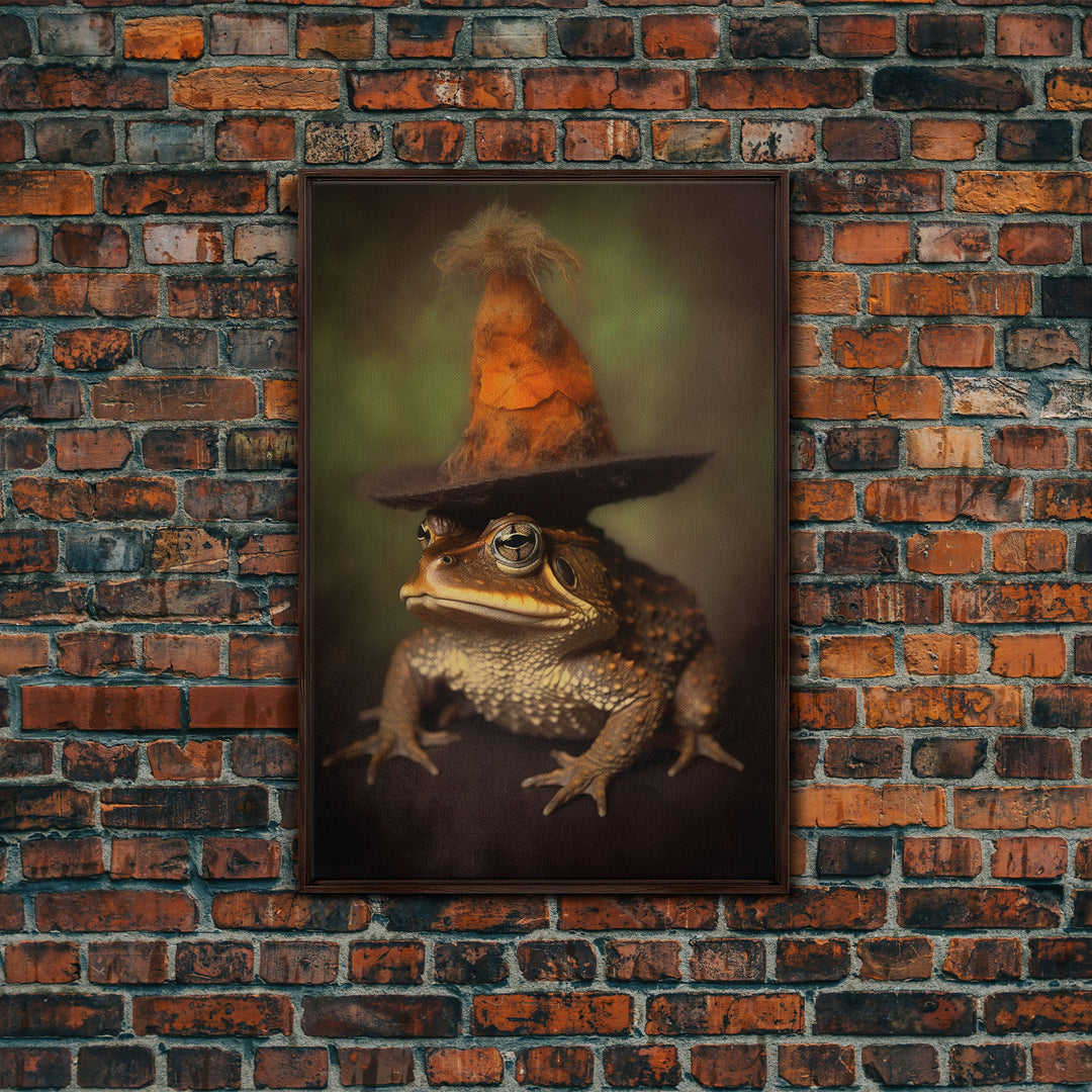 Frog Wall Art, Frog Wearing Witch Hat, Funny, Animal Wall Art, Nature, Modern Print, Wall Decor, Canvas Print, Wall Art, Framed Canvas