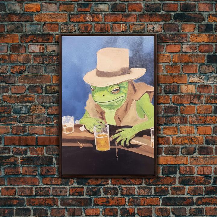 Sad Cowboy Frog Havin' a Beer, Cowboy Frog Framed Canvas Print