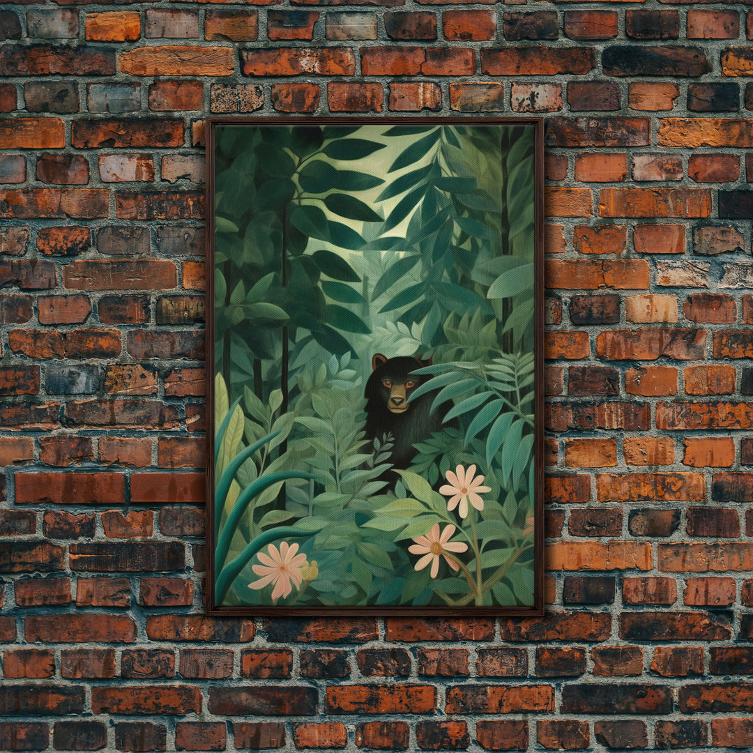 Rousseau Inspired Botanical Print, Framed Canvas Art, Bear Hiding In The Jungle, Dark Green Wall Art, Emerald Green Wall Art, Poster Print