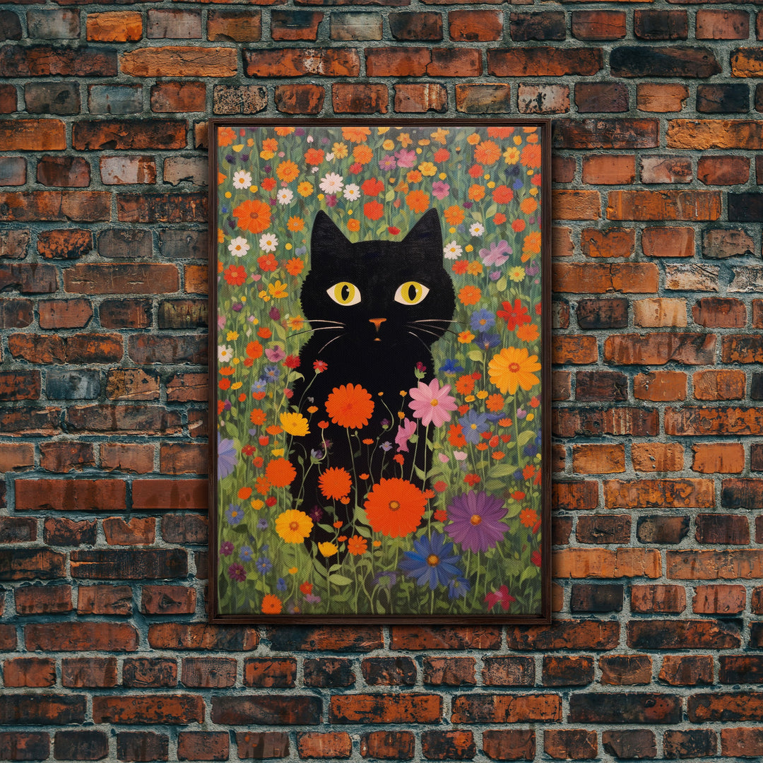 Gustav Klimt Inspired Garden Cat, Funny Black Cat Art, Framed Canvas Print, Fine Art Poster, Cute Cat Art, Funny Gift, Funny Cat Prints