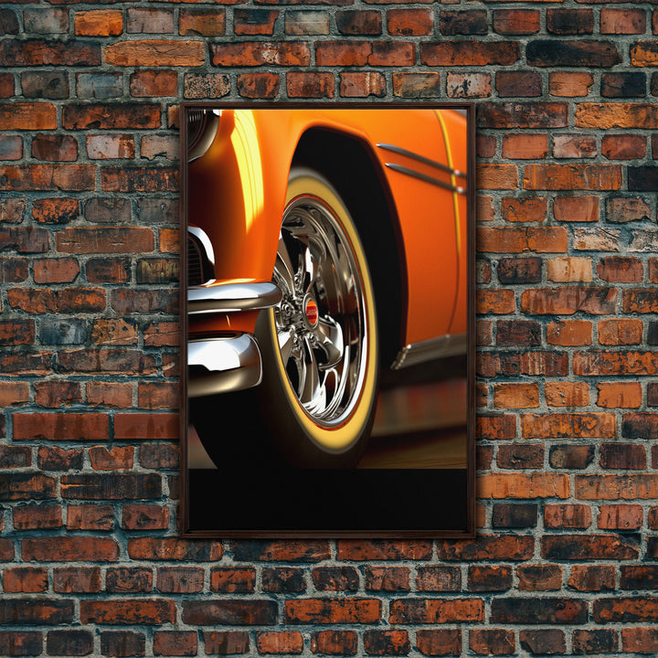 Hot Rod Art, Hot Rot Photography Print, Framed Canvas or Poster, Close Up Shot Of 1950s Hot Rod Chrome Rims, Orange Hot Rod, Gift For Him