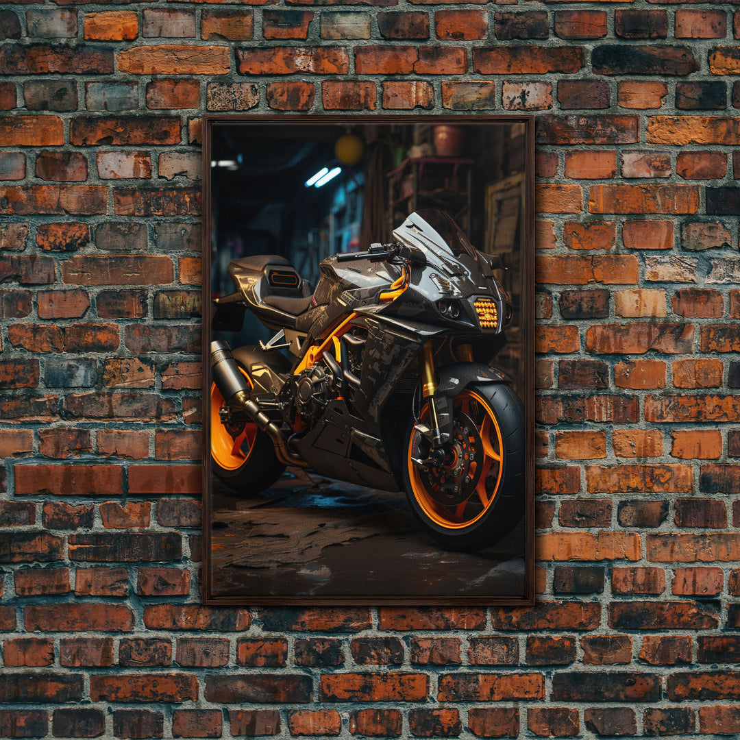 Sport Bike Wall Art, Framed Canvas Print, Futuristic Cyberpunk Motorcycle Wall Art