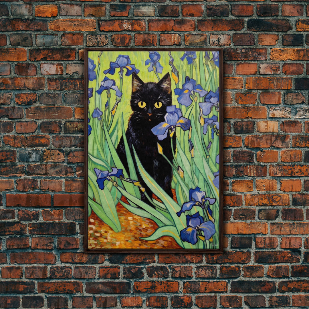 Vincent Van Gogh Inspired Irises Black Cat Wall Art, Framed Canvas Print, Poster Art, Funny Cat Print, Funny Gift, Home Decor Wall Art