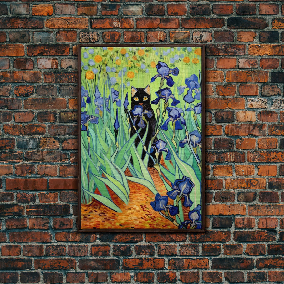 Funny Cat Print, Vincent Van Gogh Inspired Irises Black Cat Wall Art, Framed Canvas Print, Poster Art, Funny Gift, Home Decor Wall Art