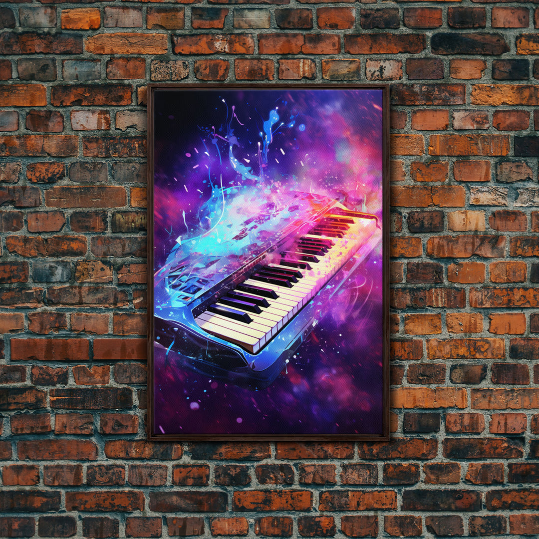 Cosmic Keyboard, Galaxy Music Art Framed Canvas Print, Electric Keyboard, Instrument Art, Studio Wall Decor