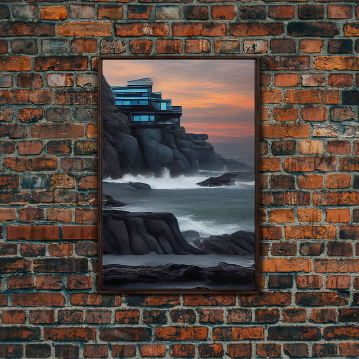 Midcentury modern house on a cliff, seaside home wall art, canvas print